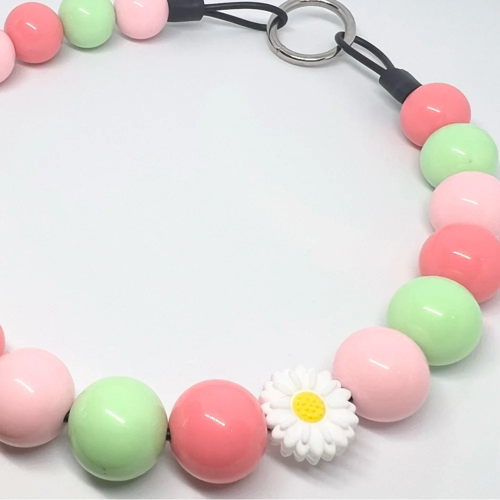 Beaded Dog Collar Necklace Size Medium Watermelon & Daisies Pink Green Floral